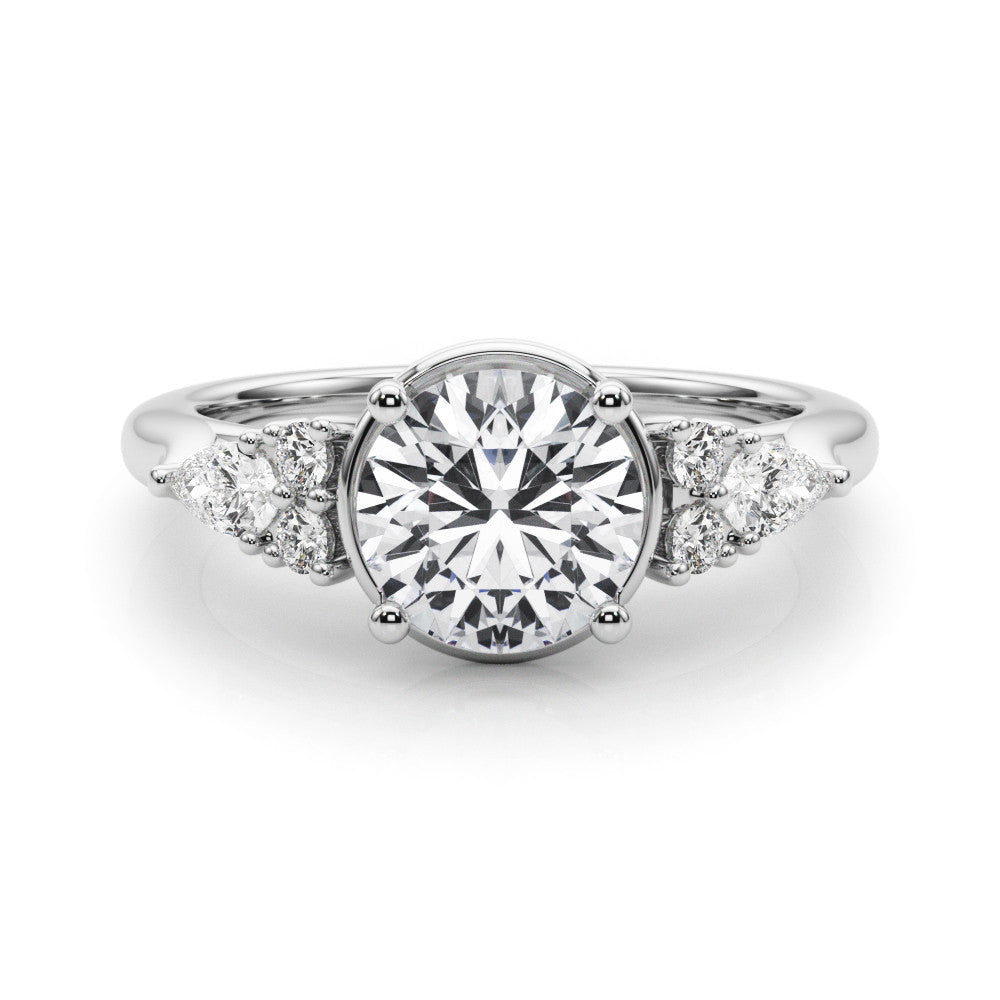 Silver Round Brilliant Diamond Solitaire with Side Stones on a Tapered Band and Four-Prong Setting