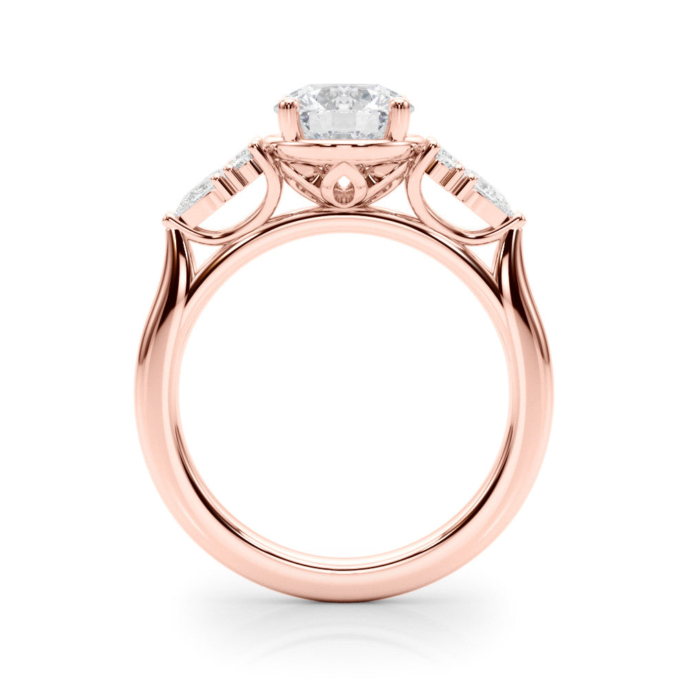 Rose gold Round Brilliant Diamond Solitaire with Side Stones on a Tapered Band and Four-Prong Setting