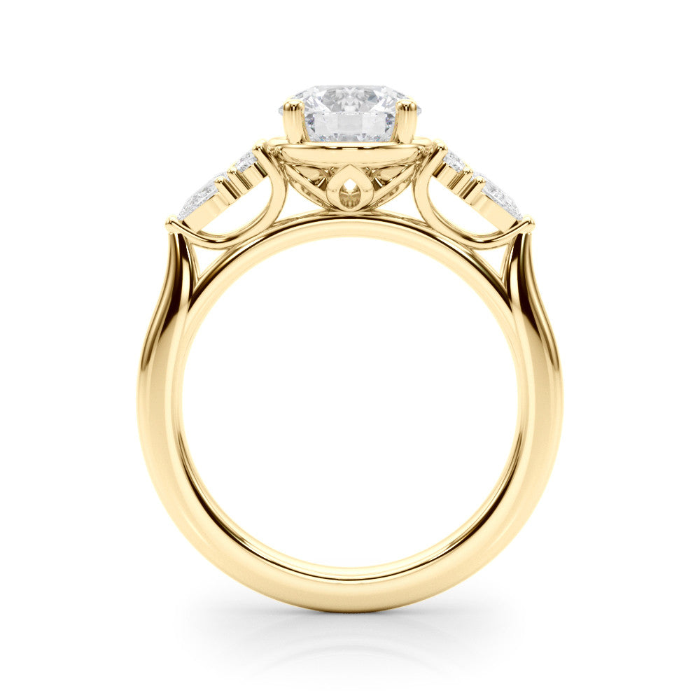 Yellow gold Round Brilliant Diamond Solitaire with Side Stones on a Tapered Band and Four-Prong Setting