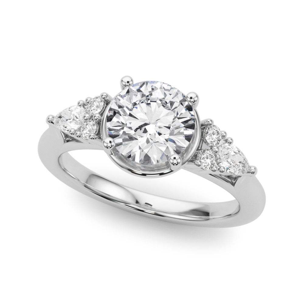 Silver Round Brilliant Diamond Solitaire with Side Stones on a Tapered Band and Four-Prong Setting