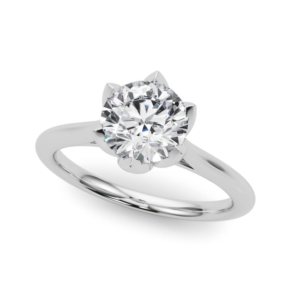 Silver Round Solitaire Diamond Ring with Six-Prong Setting and Classic Band