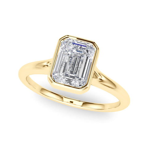 Yellow gold Bezel Set Emerald Cut Solitaire Ring with Tapered Band