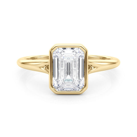 Yellow gold Bezel Set Emerald Cut Solitaire Ring with Tapered Band