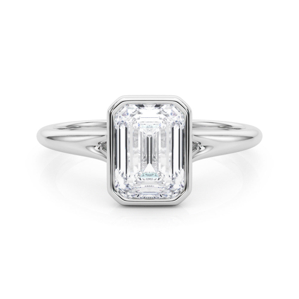 Silver Bezel Set Emerald Cut Solitaire Ring with Tapered Band