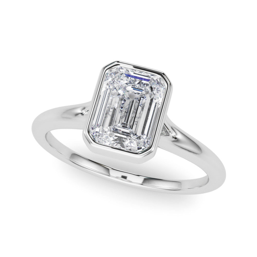 White gold Bezel Set Emerald Cut Solitaire Ring with Tapered Band