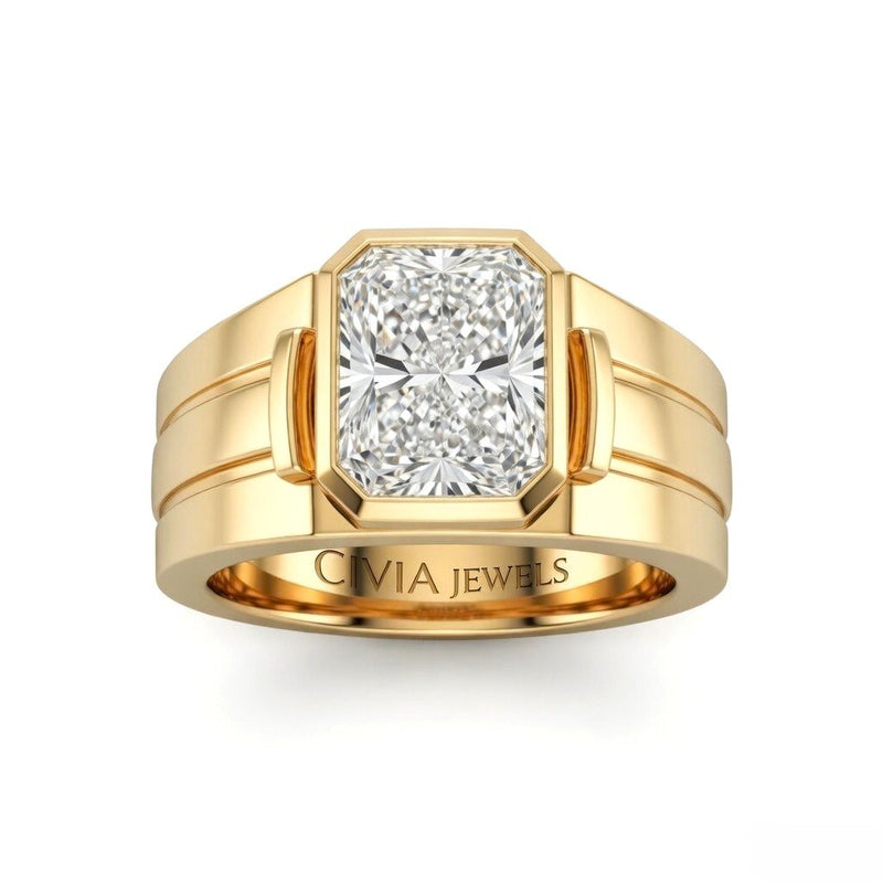 Yellow Gold Radiant Cut Bezel Set Solitaire Engagement Ring with Smooth Band