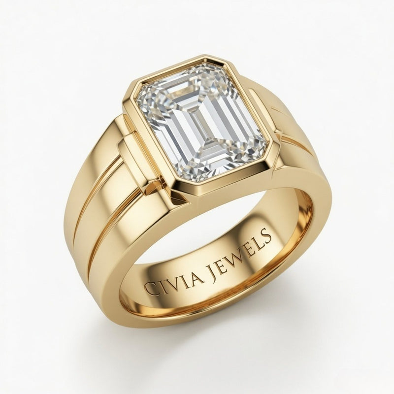 Yellow Gold Emerald Cut Bezel Set Solitaire Engagement Ring with Smooth Band
