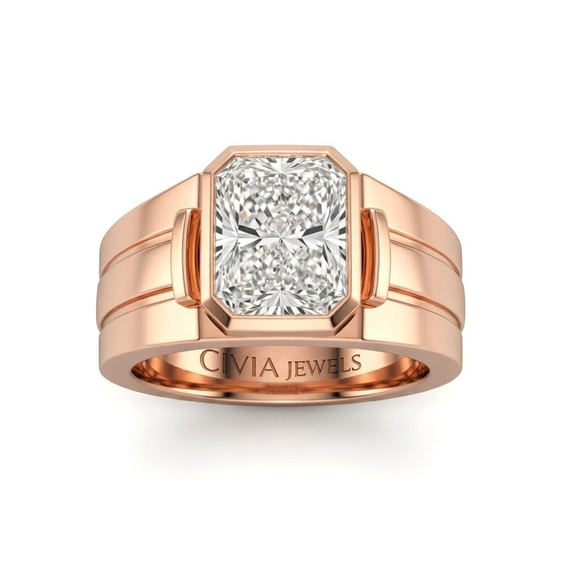 Rose Gold Radiant Cut Bezel Set Solitaire Engagement Ring with Smooth Band
