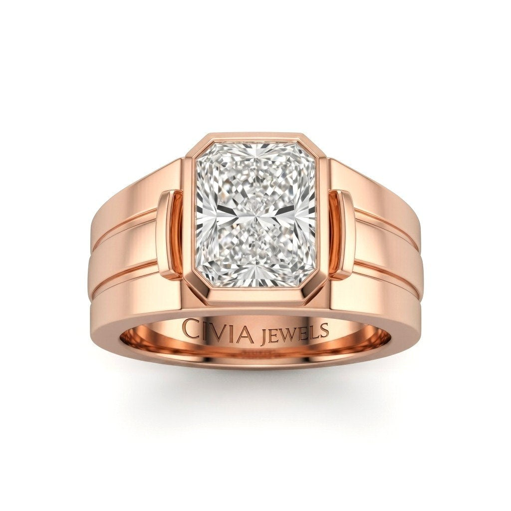 Rose Gold Radiant Cut Bezel Set Solitaire Engagement Ring with Smooth Band