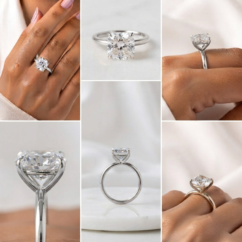 Silver Cushion Cut Solitaire Engagement Ring with Sculpted Tapered Shank