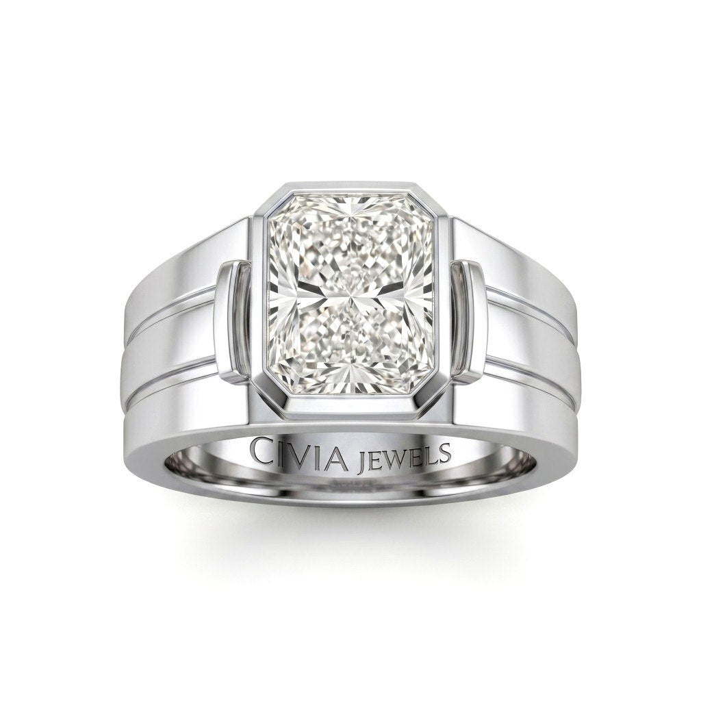 White Gold Radiant Cut Bezel Set Solitaire Engagement Ring with Smooth Band
