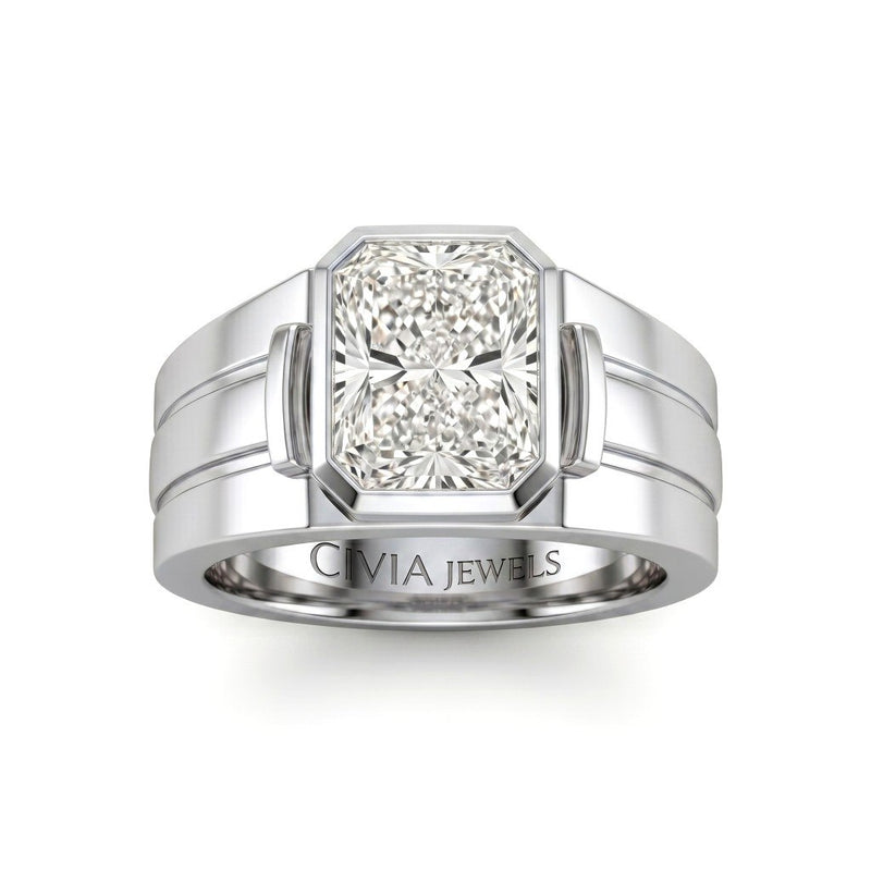 Silver Radiant Cut Bezel Set Solitaire Engagement Ring with Smooth Band