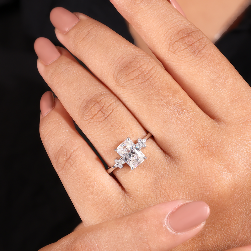 Silver Radiant Diamond Engagement Ring With Floral Cluster Side Design