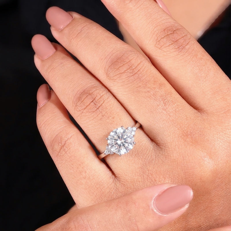 Silver Round Diamond Engagement Ring With Floral Cluster Side Design