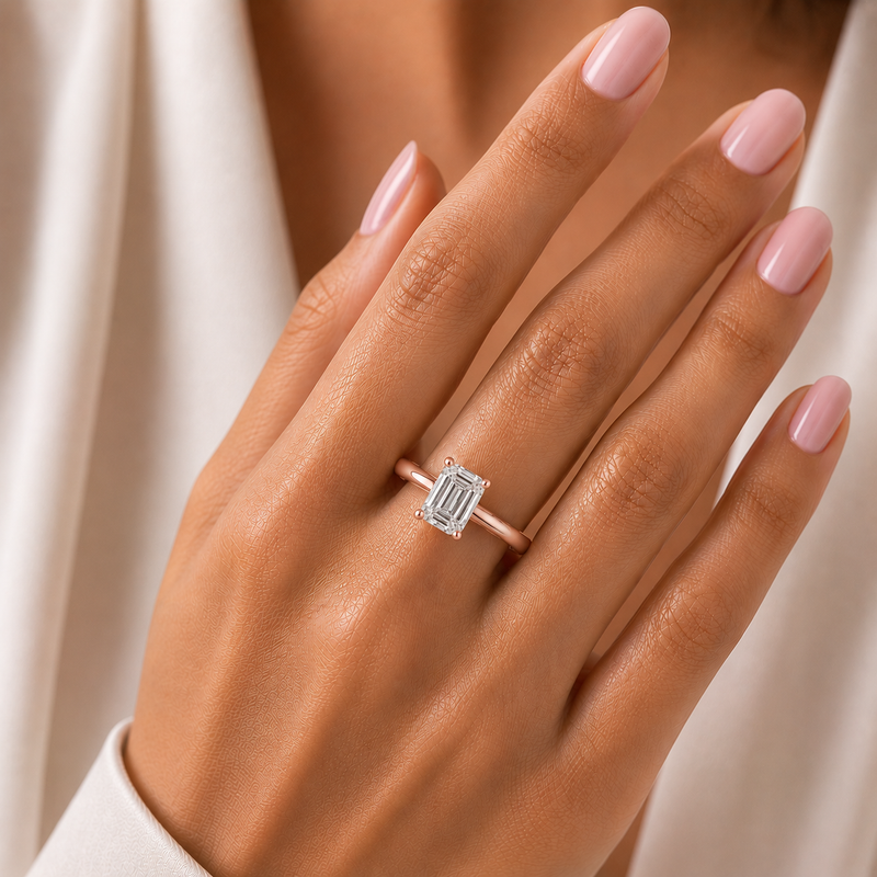 Rose Gold Emerald Cut Solitaire Engagement Ring with Sculpted Tapered Shank