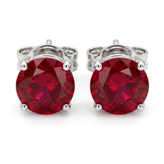 Timeless Round Cut Ruby And Diamond Stud Earrings With Four Prong Setting