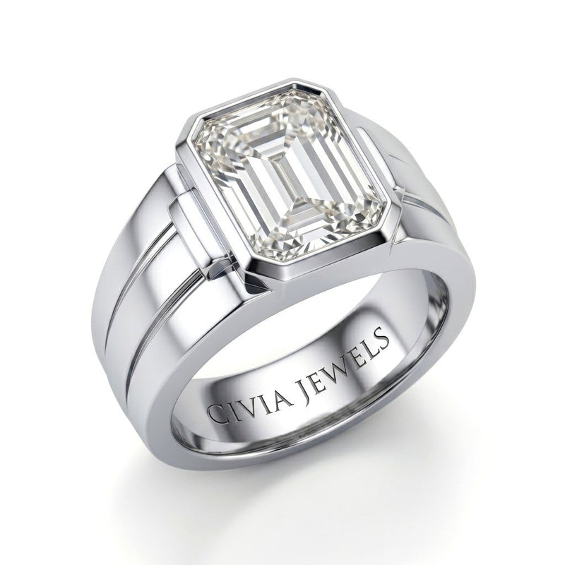 White Gold Emerald Cut Bezel Set Solitaire Engagement Ring with Smooth Band