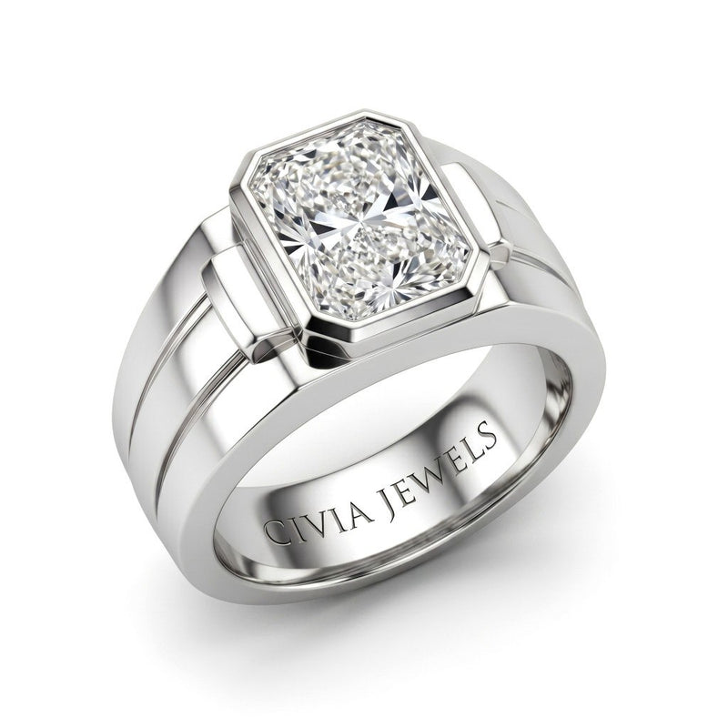 White Gold Radiant Cut Bezel Set Solitaire Engagement Ring with Smooth Band