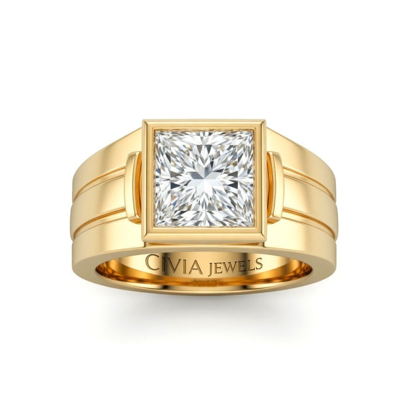 Yellow Gold Princess Cut Bezel Set Solitaire Engagement Ring with Smooth Band