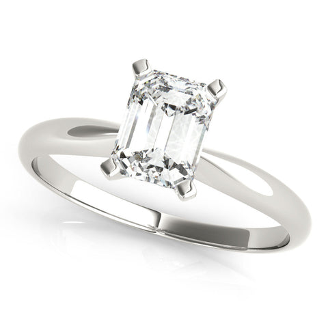 Platinum Emerald Cut Solitaire Ring with Four-Prong Setting on a Classic Band
