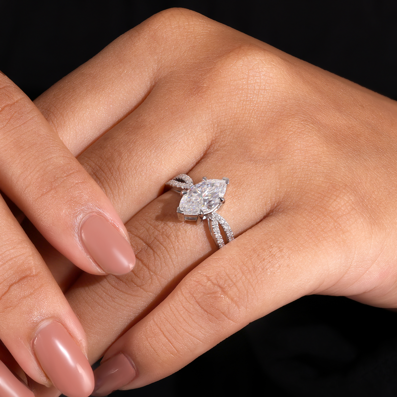 Silver Marquise Cut Elevated Solitaire With Diamond Pavé Twisted Split Shank Engagement Ring