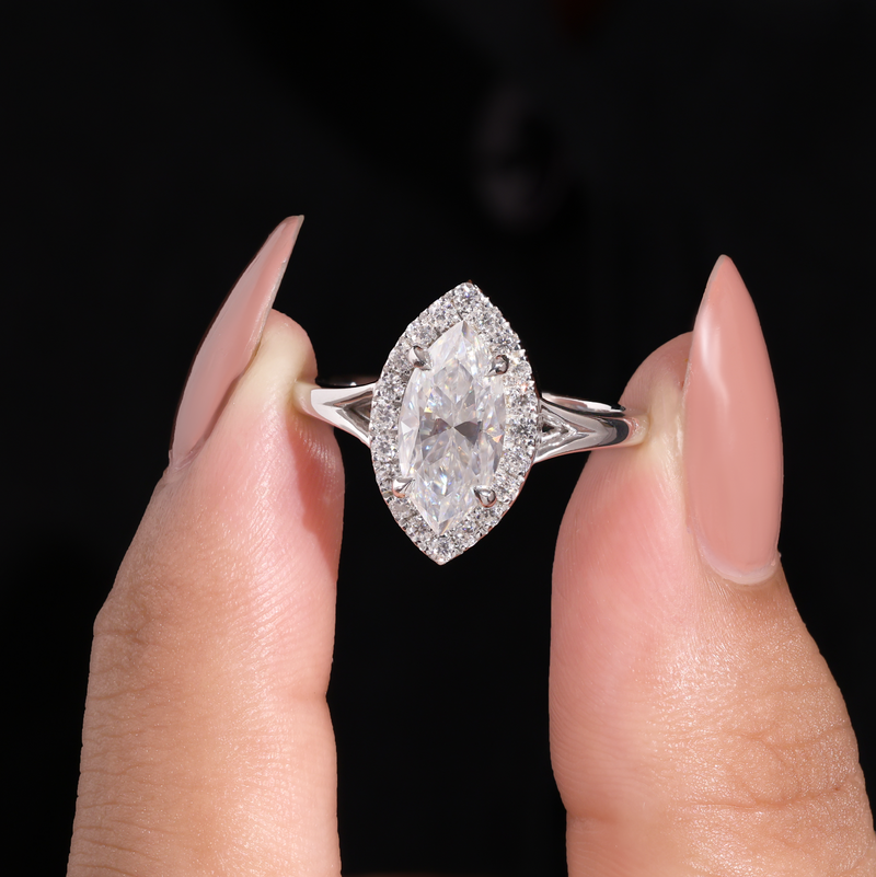 Silver Marquise Cut Halo Engagement Ring With Classic Four Prong Setting And Slim Band