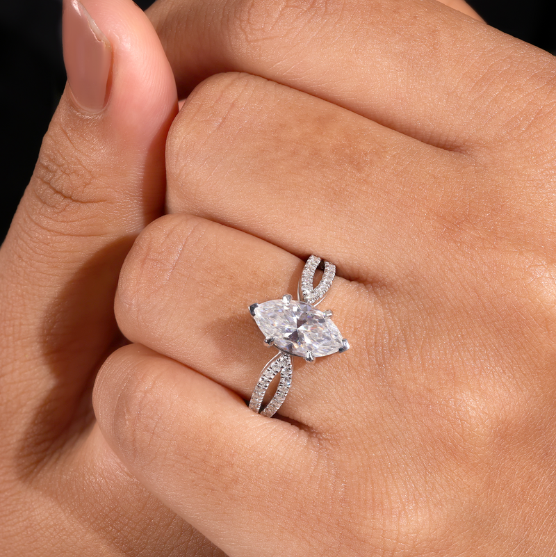 Silver Marquise Cut Elevated Solitaire With Diamond Pavé Twisted Split Shank Engagement Ring