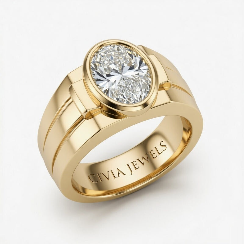Yellow Gold Oval Cut Bezel Set Solitaire Engagement Ring with Smooth Band