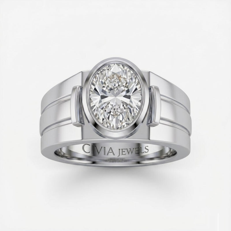 White Gold Oval Cut Bezel Set Solitaire Engagement Ring with Smooth Band