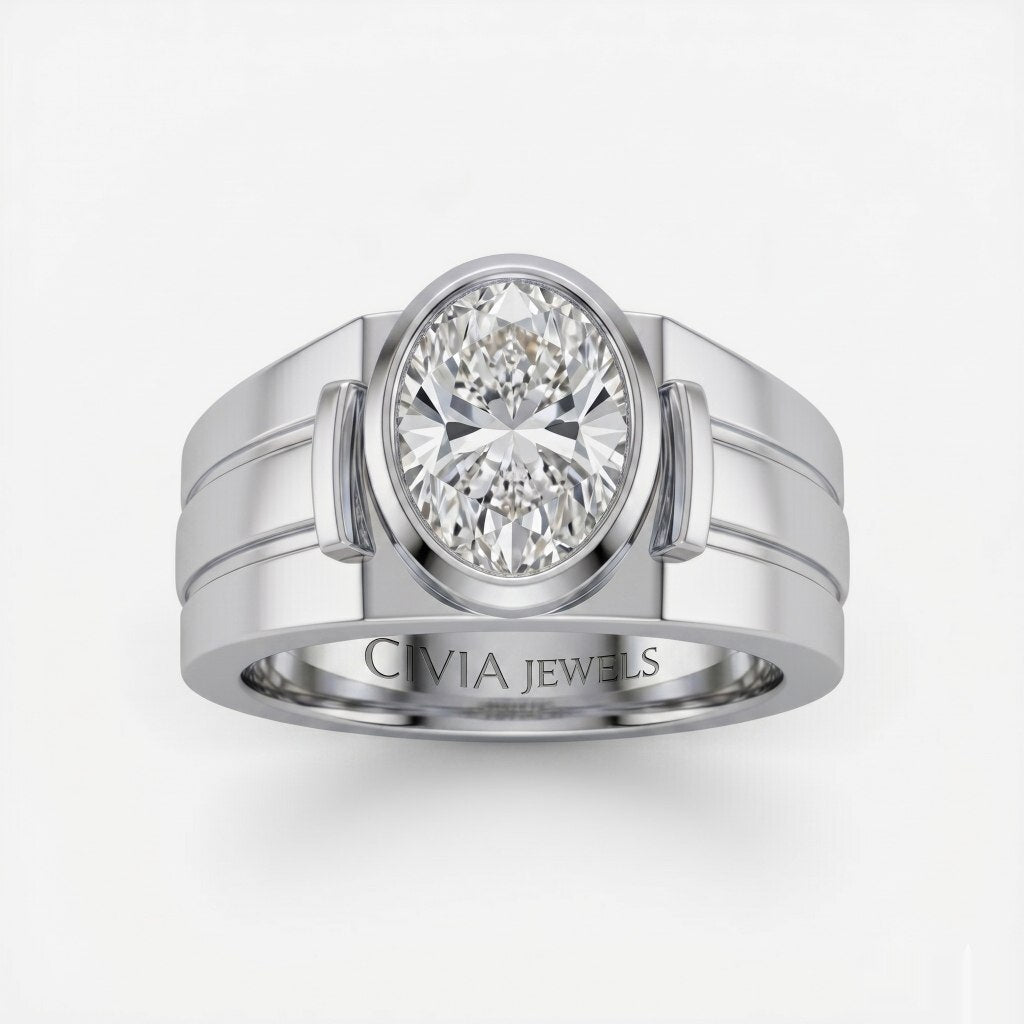 White Gold Oval Cut Bezel Set Solitaire Engagement Ring with Smooth Band
