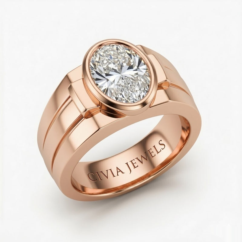 Rose Gold Oval Cut Bezel Set Solitaire Engagement Ring with Smooth Band