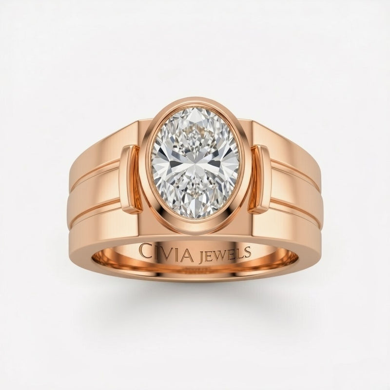 Rose Gold Oval Cut Bezel Set Solitaire Engagement Ring with Smooth Band