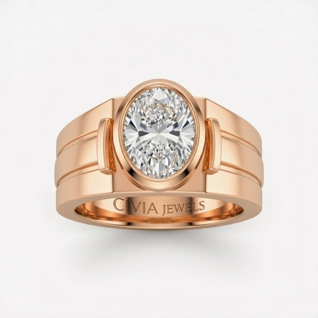 Rose Gold Oval Cut Bezel Set Solitaire Engagement Ring with Smooth Band