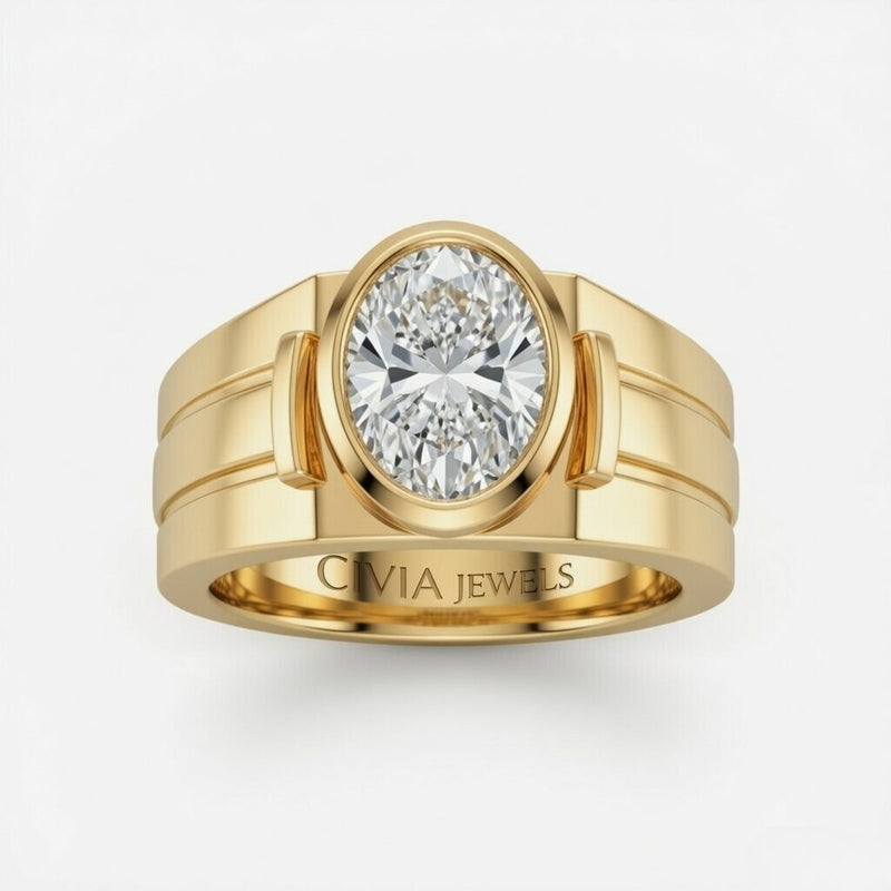 Yellow Gold Oval Cut Bezel Set Solitaire Engagement Ring with Smooth Band