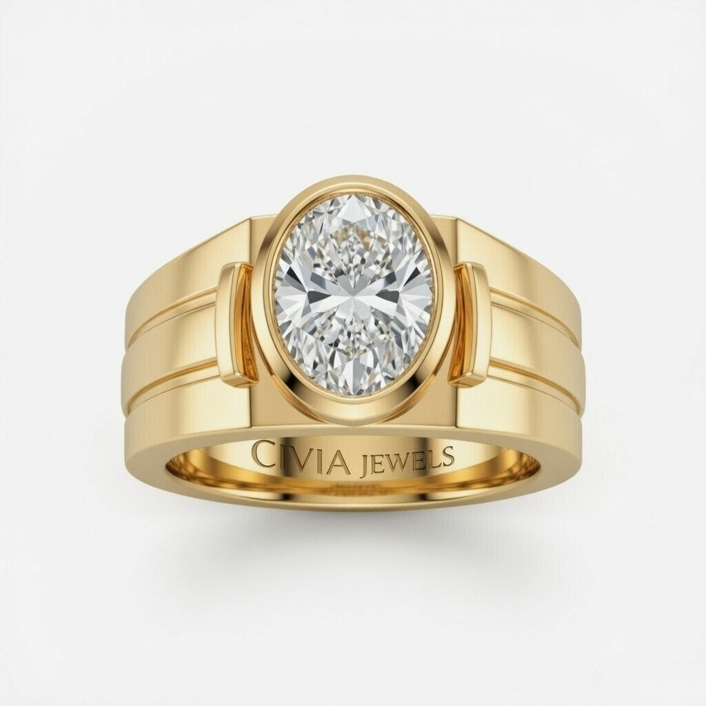 Yellow Gold Oval Cut Bezel Set Solitaire Engagement Ring with Smooth Band