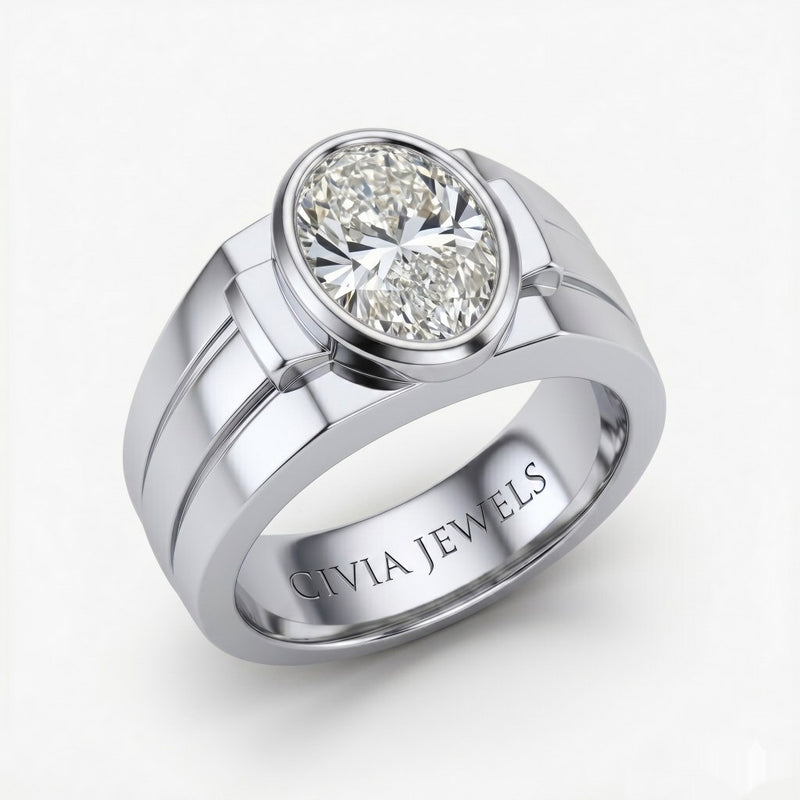 White Gold Oval Cut Bezel Set Solitaire Engagement Ring with Smooth Band