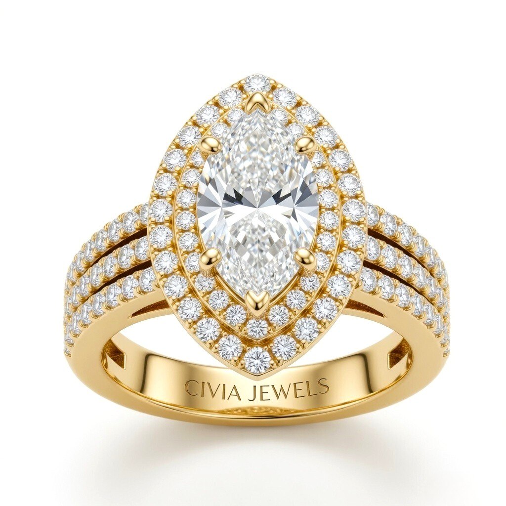 Yellow Gold Marquise Cut Double Halo Engagement Ring With Four Prong Setting And Diamond Pavé Split Band