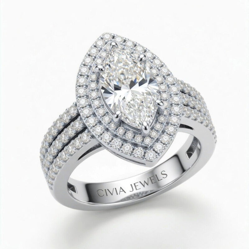 White Gold Marquise Cut Double Halo Engagement Ring With Four Prong Setting And Diamond Pavé Split Band