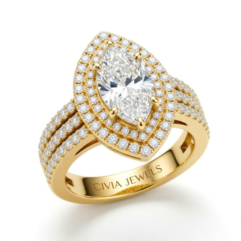 Yellow Gold Marquise Cut Double Halo Engagement Ring With Four Prong Setting And Diamond Pavé Split Band