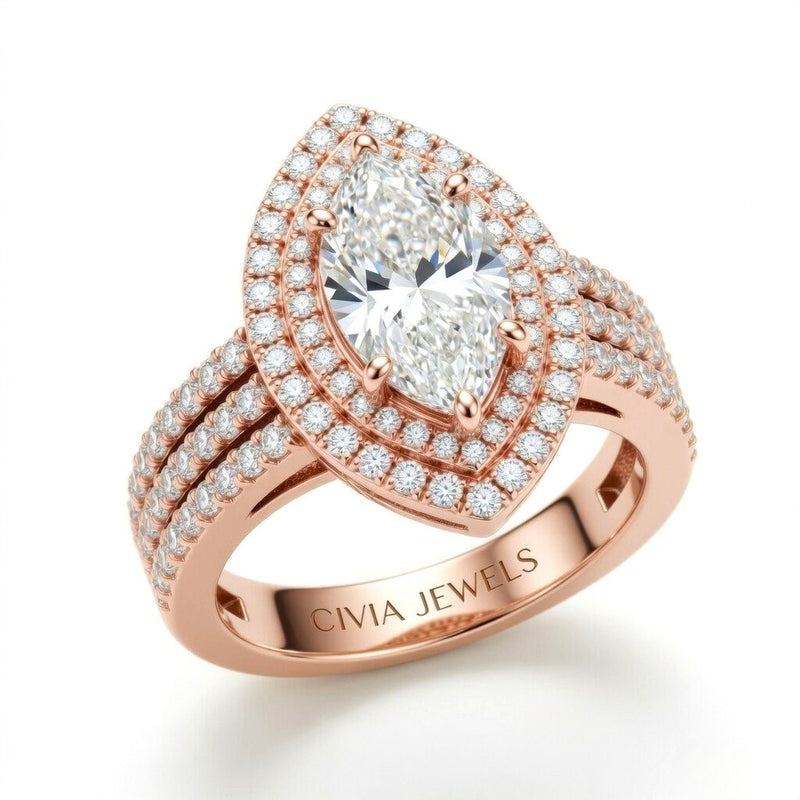 Rose Gold Marquise Cut Double Halo Engagement Ring With Four Prong Setting And Diamond Pavé Split Band