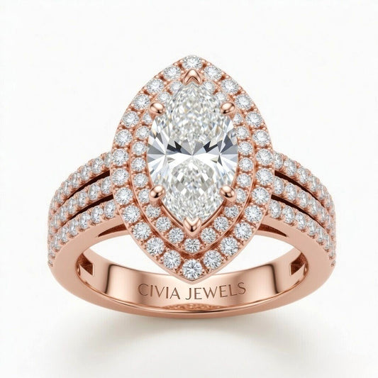 Rose Gold Marquise Cut Double Halo Engagement Ring With Four Prong Setting And Diamond Pavé Split Band