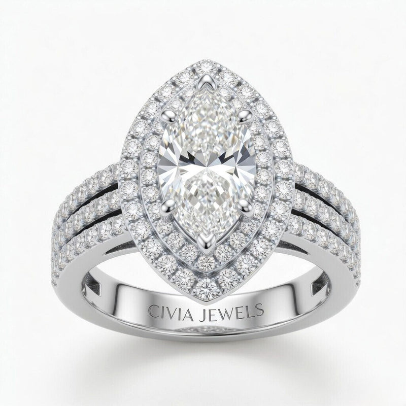 White Gold Marquise Cut Double Halo Engagement Ring With Four Prong Setting And Diamond Pavé Split Band