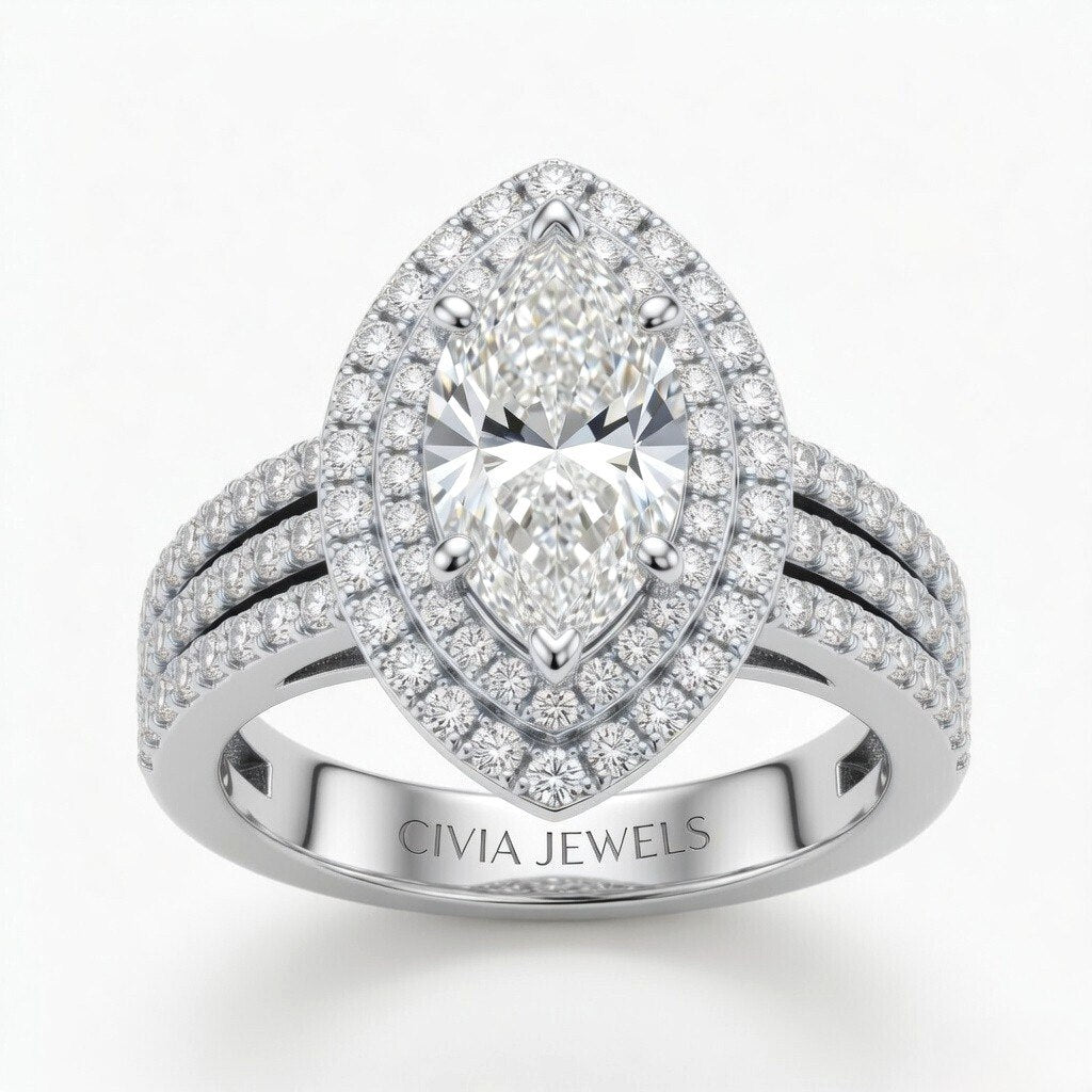 White Gold Marquise Cut Double Halo Engagement Ring With Four Prong Setting And Diamond Pavé Split Band