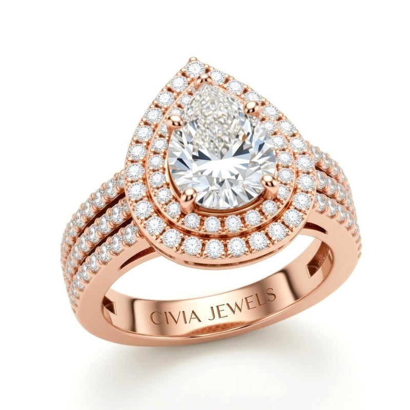 Rose Gold Pear Cut Double Halo Engagement Ring With Four Prong Setting And Diamond Pavé Split Band