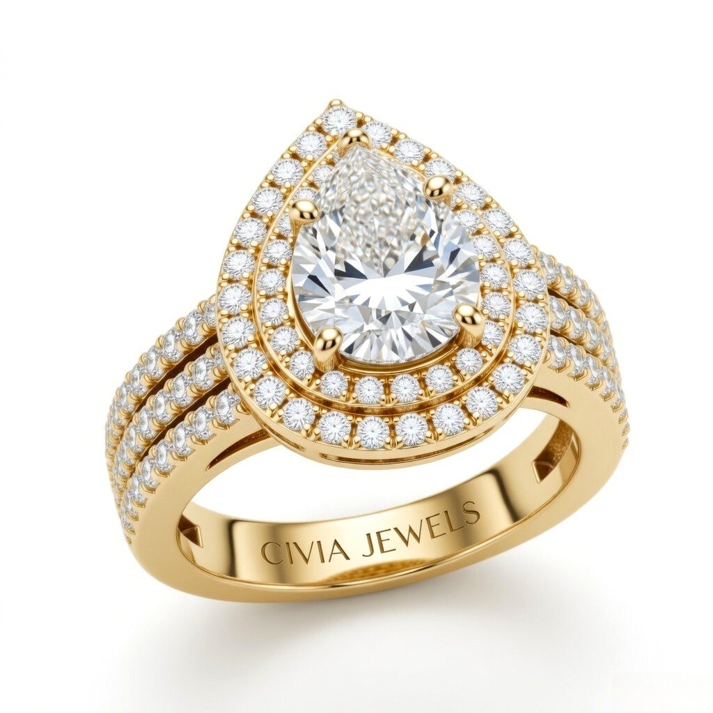Yellow Gold Pear Cut Double Halo Engagement Ring With Four Prong Setting And Diamond Pavé Split Band