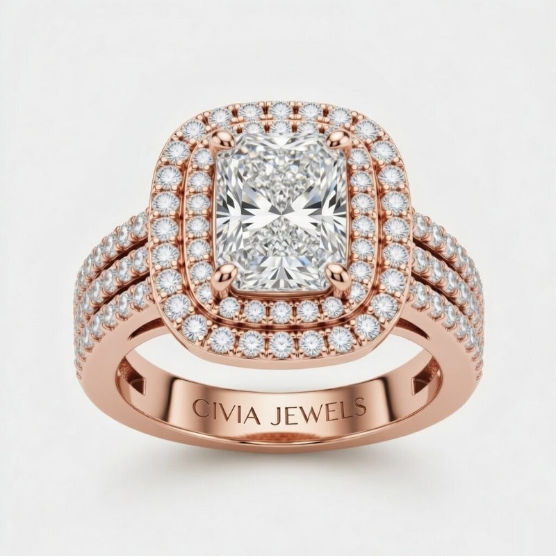 Rose Gold Radiant Cut Double Halo Engagement Ring With Four Prong Setting And Diamond Pavé Split Band