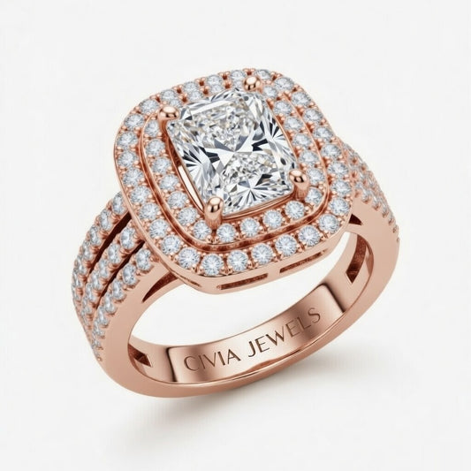 Rose Gold Radiant Cut Double Halo Engagement Ring With Four Prong Setting And Diamond Pavé Split Band