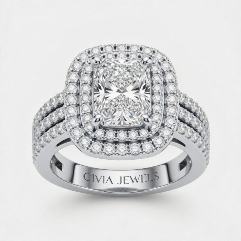 White Gold Radiant Cut Double Halo Engagement Ring With Four Prong Setting And Diamond Pavé Split Band