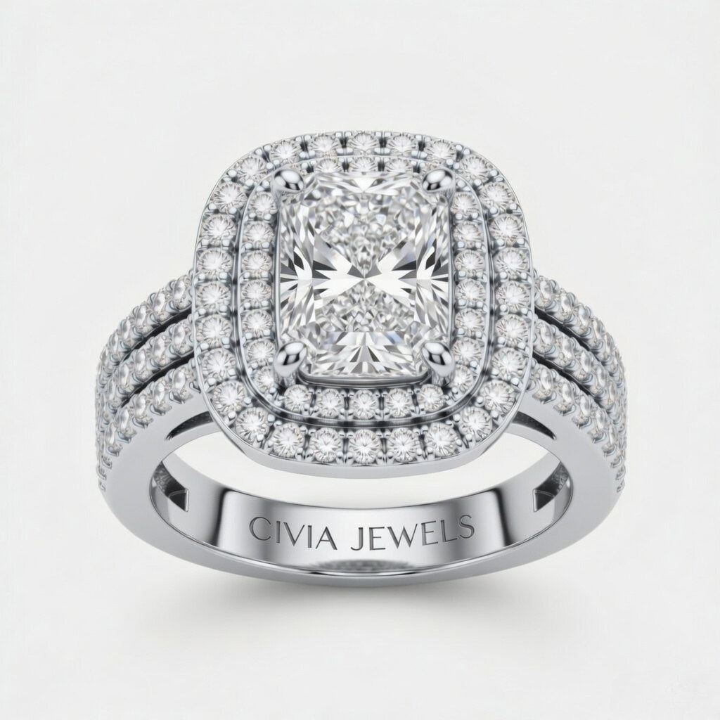 White Gold Radiant Cut Double Halo Engagement Ring With Four Prong Setting And Diamond Pavé Split Band
