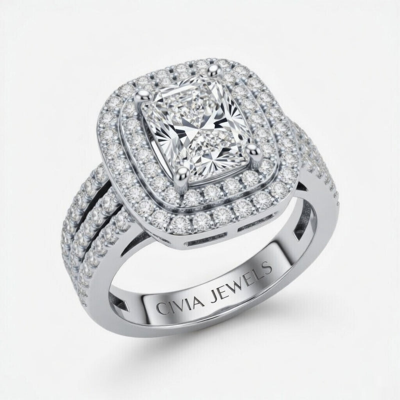 White Gold Radiant Cut Double Halo Engagement Ring With Four Prong Setting And Diamond Pavé Split Band